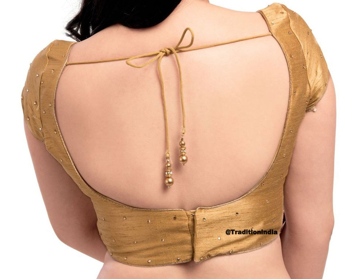 Indian Saree Blouse, Golden Dupion Silk CZ Stone Work Short Sleeve Saree Blouse, Ready To Wear Blouse, Indian Saree Blouse, Sari Blouse, Padded Saree Blouse