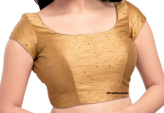 Indian Saree Blouse, Golden Dupion Silk CZ Stone Work Short Sleeve Saree Blouse, Ready To Wear Blouse, Indian Saree Blouse, Sari Blouse, Padded Saree Blouse