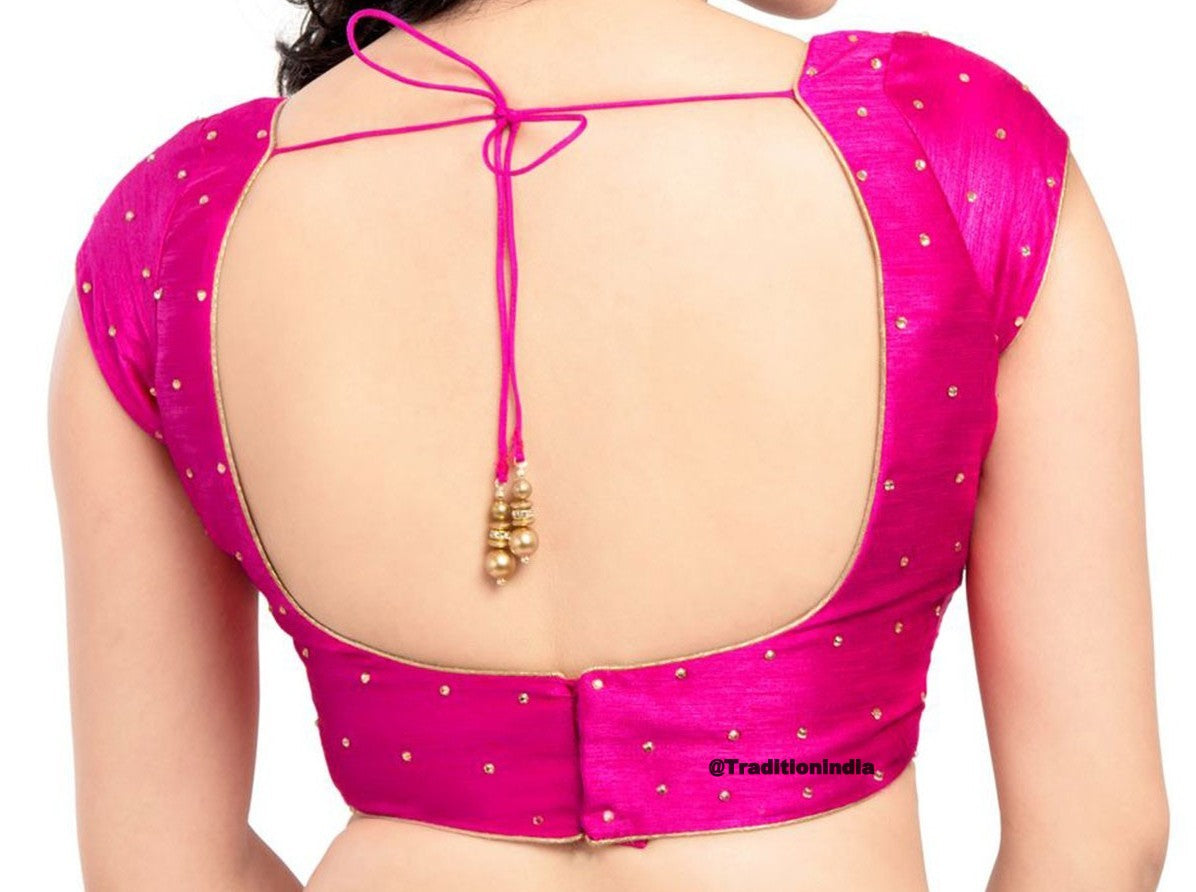 Hot Pink Dupion Silk CZ Stone Work Short Sleeve ,Ready To Wear Blouse, Indian Saree Blouse, Sari Blouse, Readymade Saree Blouse