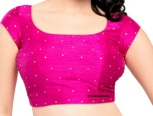 Hot Pink Dupion Silk CZ Stone Work Short Sleeve ,Ready To Wear Blouse, Indian Saree Blouse, Sari Blouse, Readymade Saree Blouse