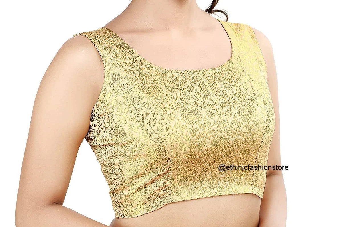 Golden Sleeveless Saree Blouse Readymade Saree Blouse, Indian Saree Blouse, Readymade Sari Blouse, Saree Blouse Traditional Indian Saree Blouse, Ready To Wear Blouse, Indian Blouse