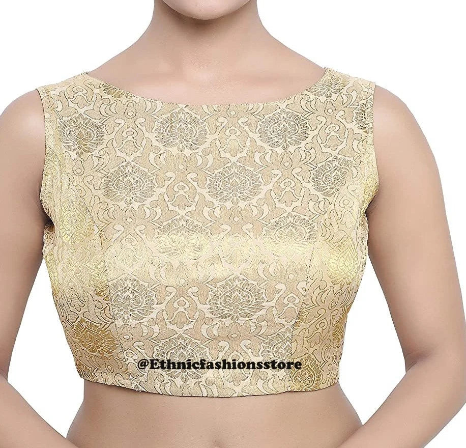 Golden Sleeveless Saree Blouse Readymade Saree Blouse, Indian Saree Blouse, Readymade Sari Blouse, Saree Blouse Traditional Indian Saree Blouse, Ready To Wear Blouse, Indian Blouse