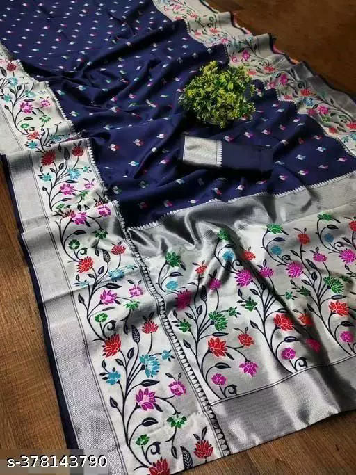 Navy Blue Banarasi Silk Saree, Traditional saree, Embroidered sari, indian saree,