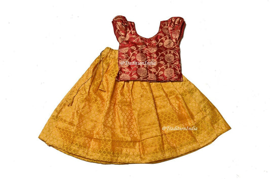 Designer Lehenga Choli, Maroon & Yellow Girls Lehenga Choli, Kids Lehenga Blouse, Indian Kids Dresses, Kids Outfits, Baby Girls Lehenga