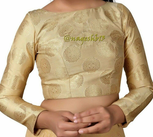 Golden Long Sleeves Saree Blouse, Indian Saree Blouse Readymade Saree Blouse, Indian Saree Blouse, Readymade Sari Blouse, Saree Blouse Traditional Indian Saree Blouse, Ready To Wear Blouse, Indian Blouse