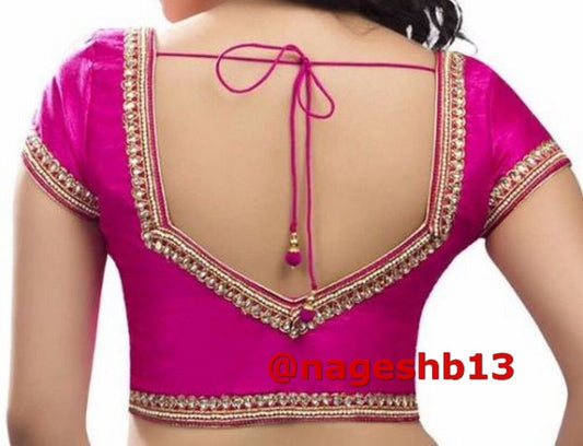 Hot Pink Kundan Work Sari Blouse, Dupion Silk Saree Blouse, Readymade Saree Blouse, Designer Sari Blouse, Saree Blouse Traditional Indian Saree Blouse, Indian Blouse