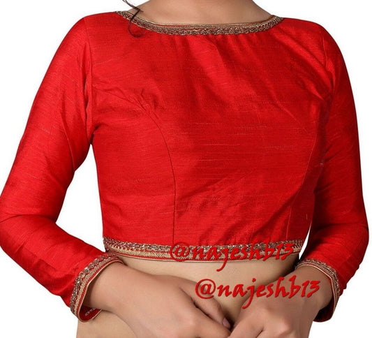 Designer Red Long Sleeve Saree Blouse, Dupion Silk Saree Blouse, Readymade Saree Blouse, Designer Sari Blouse, Saree Blouse Traditional Indian Saree Blouse, Indian Blouse