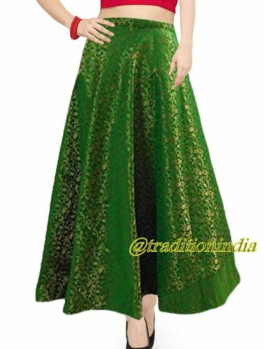 Ethnic Lehenga Indian Long Skirt Green Brocade Silk Skirt Bollywood Tradition India