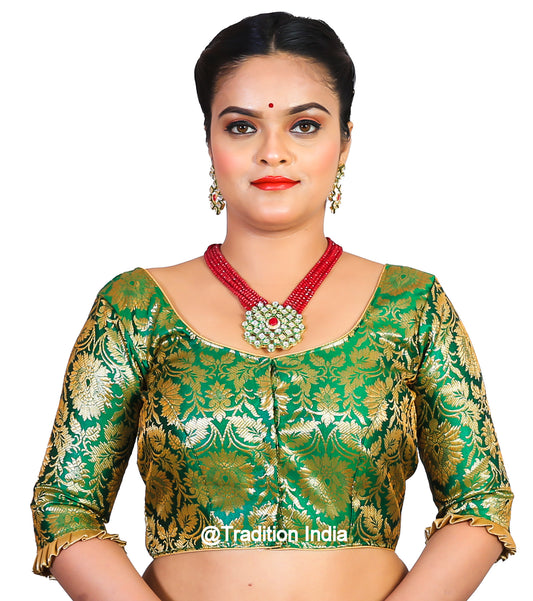 Ready To Wear Green Saree Blouse, Banarasi Silk Saree Blouse, Readymade Saree Blouse, Readymade Sari Blouse, Saree Blouse Traditional Indian Saree Blouse, Indian Blouse