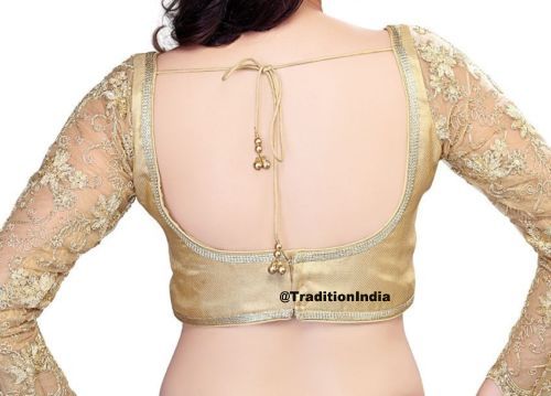 Golden Saree Blouse With Long Net Sleeves, Ready To Wear Blouse, Indian Saree Blouse, Readymade Sari Blouse, Saree Blouse