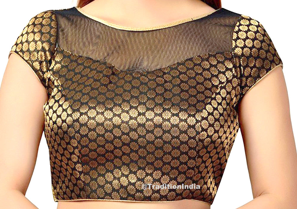 Ready To Wear Blouse, Black Upper Net Saree Blouse, Brocade Silk Saree Blouse, Indian Saree Blouse, Readymade Sari Blouse, Saree Blouse