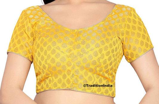 Yellow Saree Blouse, Banarasi Chanderi Silk Saree Blouse, Ready To Wear Blouse, Saree Blouse, Readymade Sari Blouse, Saree Blouse