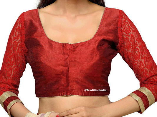 Ready To Wear Maroon Dupion Silk 3/4 Net Sleeve Saree Blouse, Ready To Wear Blouse, Indian Saree Blouse, Sari Blouse, Saree Blouse