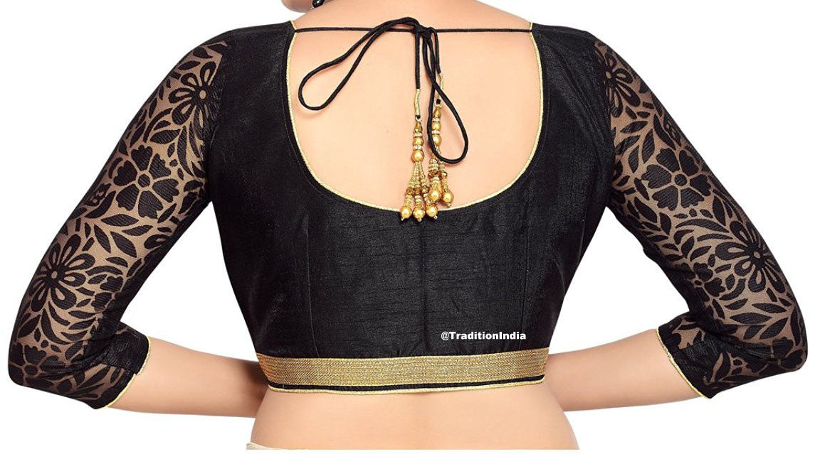 Ready To Wear Black Dupion Silk 3/4 Net Sleeve Saree Blouse, Ready To Wear Blouse, Indian Saree Blouse, Sari Blouse, Saree Blouse