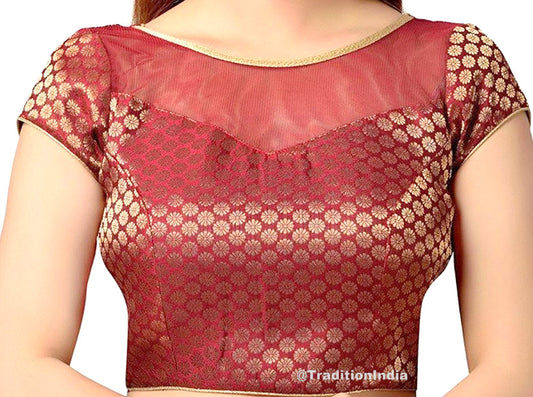 Maroon Upper Net Saree Blouse, Brocade Silk Saree Blouse, Ready To Wear Blouse, Indian Saree Blouse, Readymade Sari Blouse, Saree Blouse