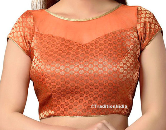 Ready To Wear Orange Blouse, Upper Net Saree Blouse, Brocade Silk Saree Blouse, Indian Saree Blouse, Readymade Sari Blouse, Saree Blouse