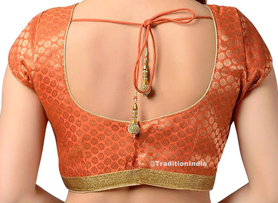 Ready To Wear Orange Blouse, Upper Net Saree Blouse, Brocade Silk Saree Blouse, Indian Saree Blouse, Readymade Sari Blouse, Saree Blouse