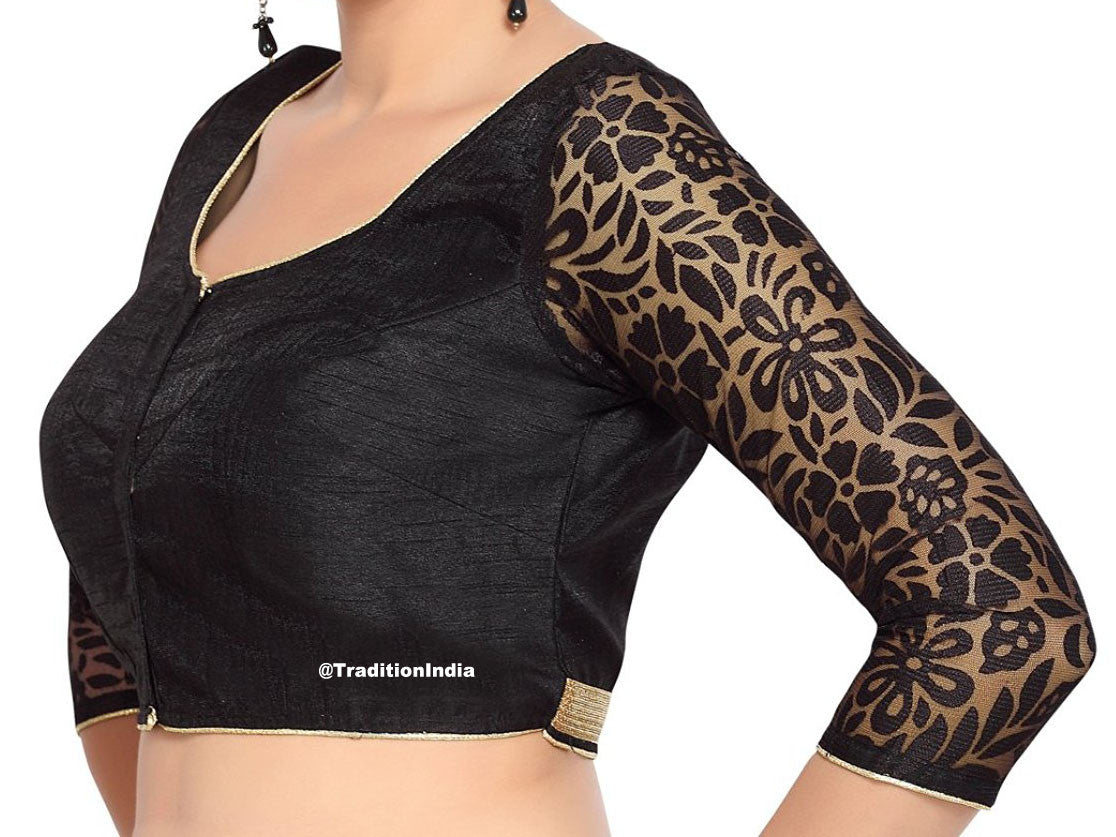 Ready To Wear Black Dupion Silk 3/4 Net Sleeve Saree Blouse, Ready To Wear Blouse, Indian Saree Blouse, Sari Blouse, Saree Blouse