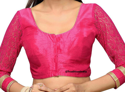 Readymade Hot Pink  Dupion Silk 3/4 Net Sleeve Saree Blouse, Ready To Wear Blouse, Indian Saree Blouse, Sari Blouse, Saree Blouse