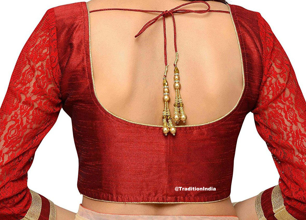 Ready To Wear Maroon Dupion Silk 3/4 Net Sleeve Saree Blouse, Ready To Wear Blouse, Indian Saree Blouse, Sari Blouse, Saree Blouse