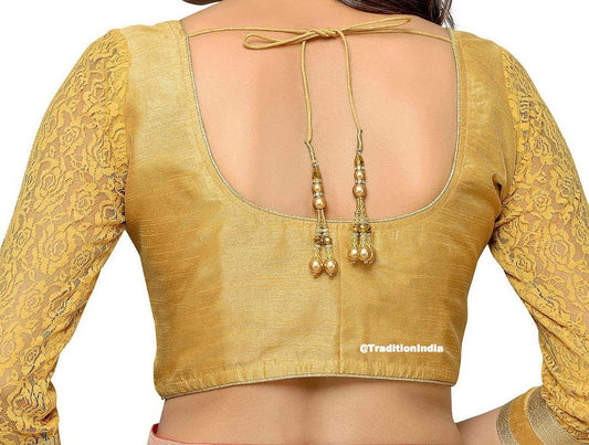 Readymade Golden Dupion Silk 3/4 Net Sleeve Saree Blouse, Ready To Wear Blouse, Indian Saree Blouse, Sari Blouse, Saree Blouse