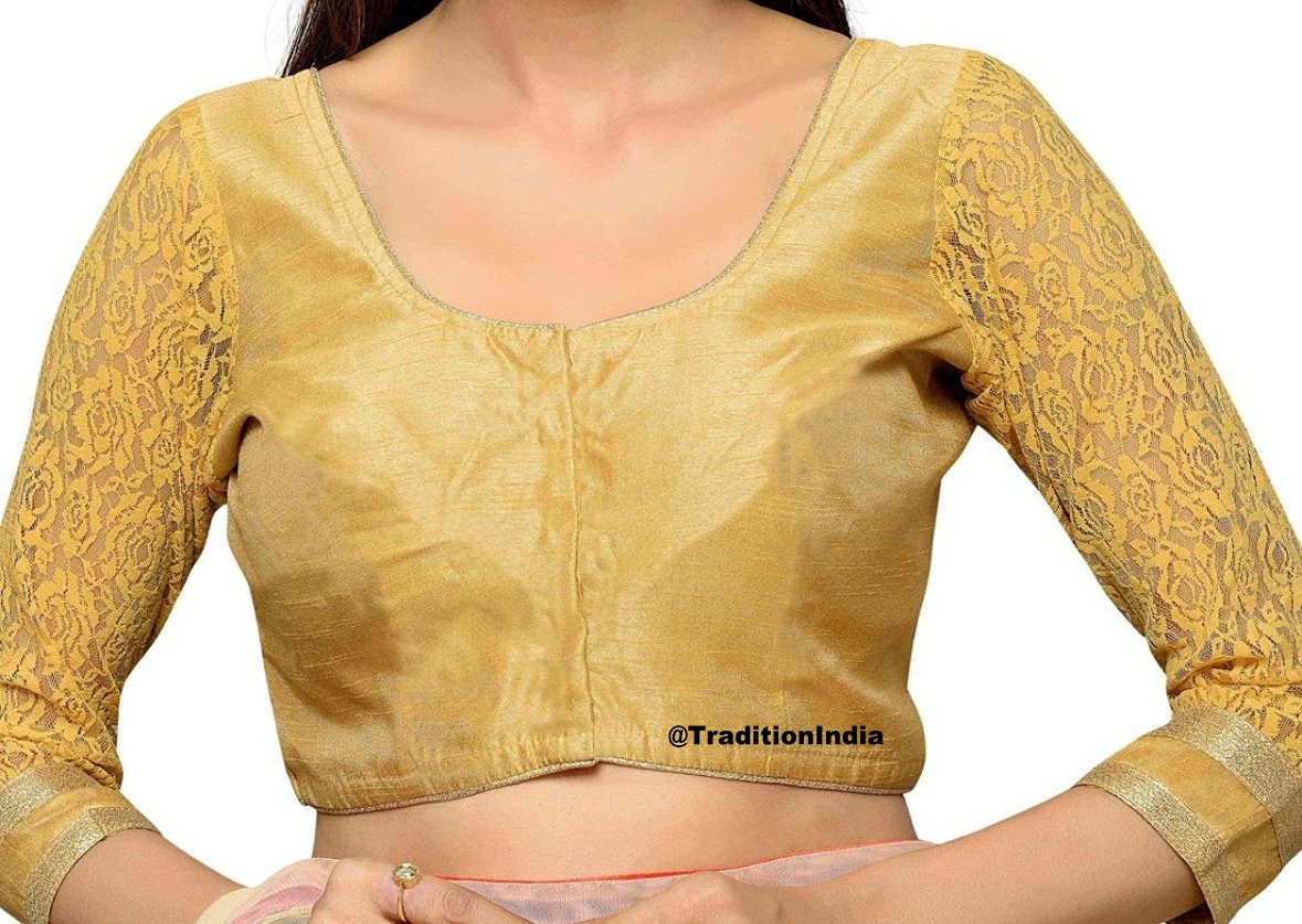 Readymade Golden Dupion Silk 3/4 Net Sleeve Saree Blouse, Ready To Wear Blouse, Indian Saree Blouse, Sari Blouse, Saree Blouse