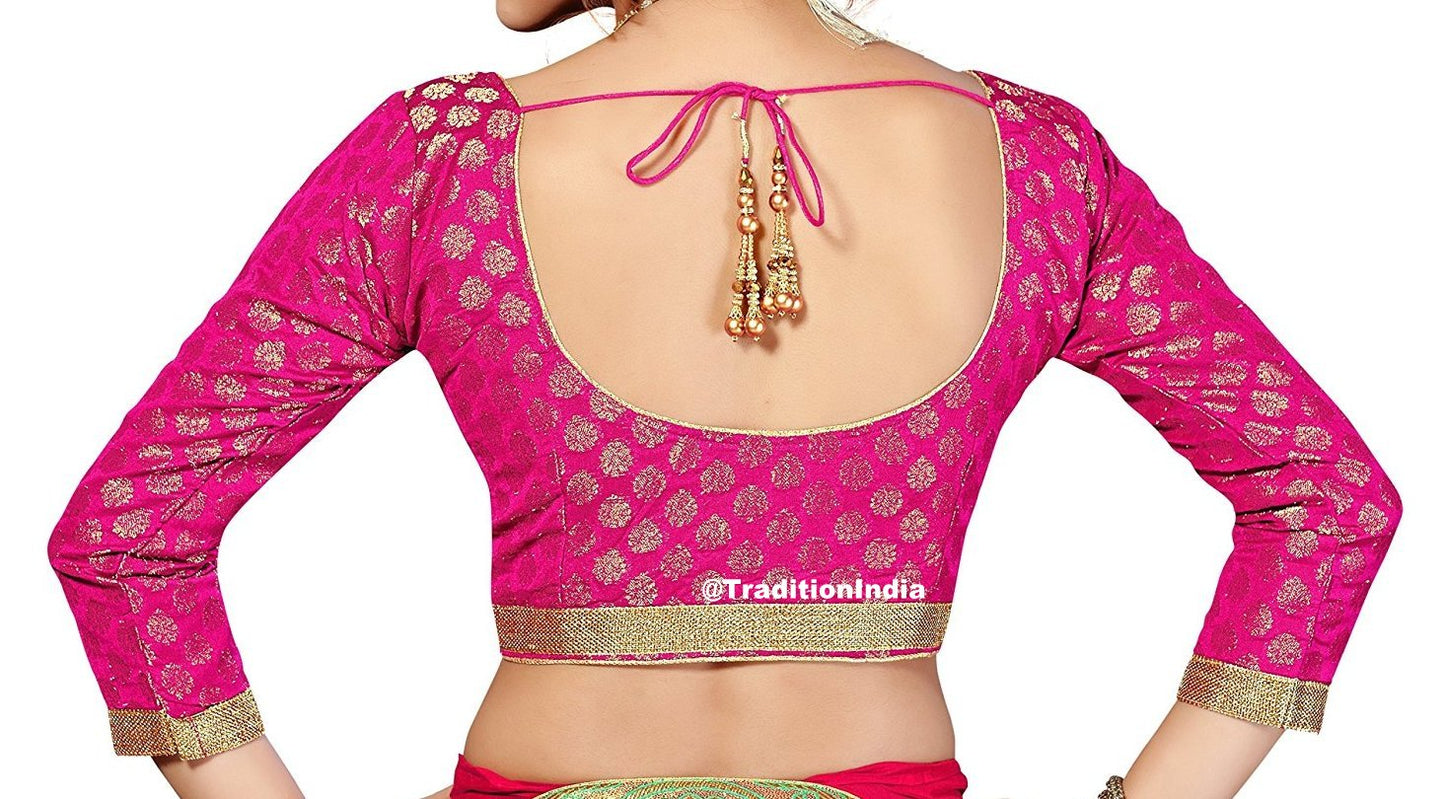 Designer Hot Pink Saree Blouse, Chanderi Silk 3/4 Sleeves Saree Blouse, Indian Saree Blouse, Ready To Wear Blouse, Indian Saree Blouse, Sari Blouse, Traditional Blouse