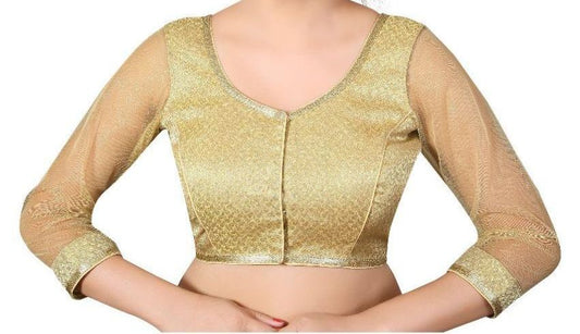 Golden Net Sleeves Saree Blouse, Designer Saree Blouse, Traditional Blouse, Indian Saree Blouse, Ready To Wear Blouse, Indian Saree Blouse, Sari Blouse