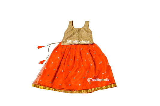 Ready To Wear Orange & Golden Girls Lehenga Choli Set, Indian Kids Dresses, Designer Lehenga Blouse, Girls Lehenga Choli, Kids Outfits, Baby Girls Lehenga