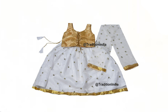 Ready To Wear White & Golden Girls Lehenga Choli Set, Indian Kids Dresses, Designer Lehenga Blouse, Girls Lehenga Choli, Kids Outfits, Baby Girls Lehenga