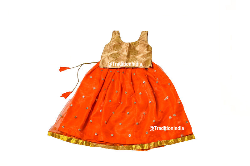 Orange & Golden Girls Lehenga Choli Set, Indian Kids Dresses, Designer Lehenga Blouse, Girls Lehenga Choli, Kids Outfits, Baby Girls Lehenga
