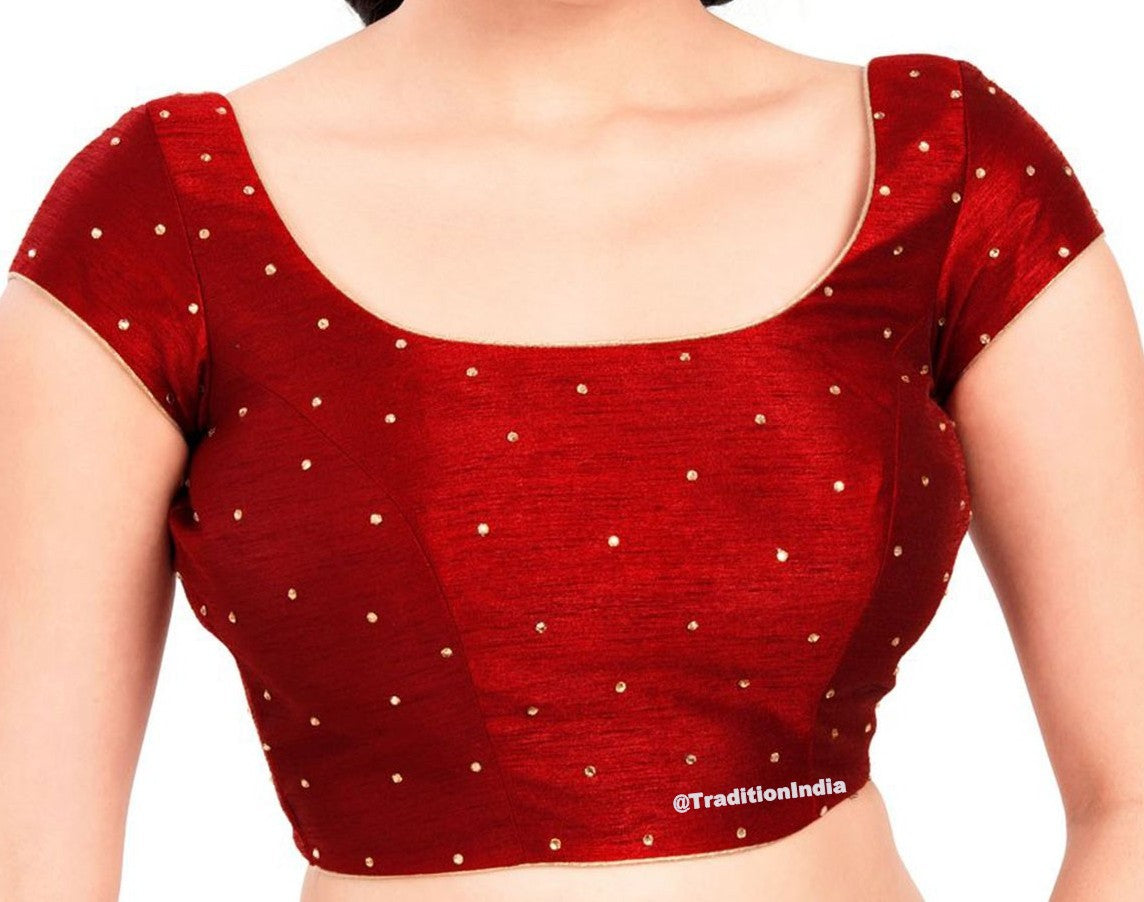 Saree Blouse, Maroon Dupion Silk CZ Stone Work Short Sleeve ,Ready To Wear Blouse, Indian Saree Blouse, Sari Blouse, Padded Saree Blouse