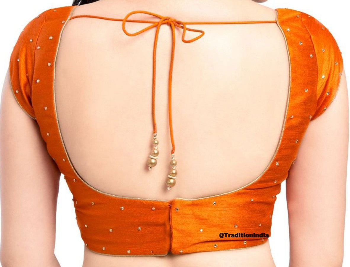 Indian Saree Blouse, Orange Dupion Silk CZ Stone Work Short Sleeve ,Ready To Wear Blouse, Indian Saree Blouse, Sari Blouse, Padded Saree Blouse