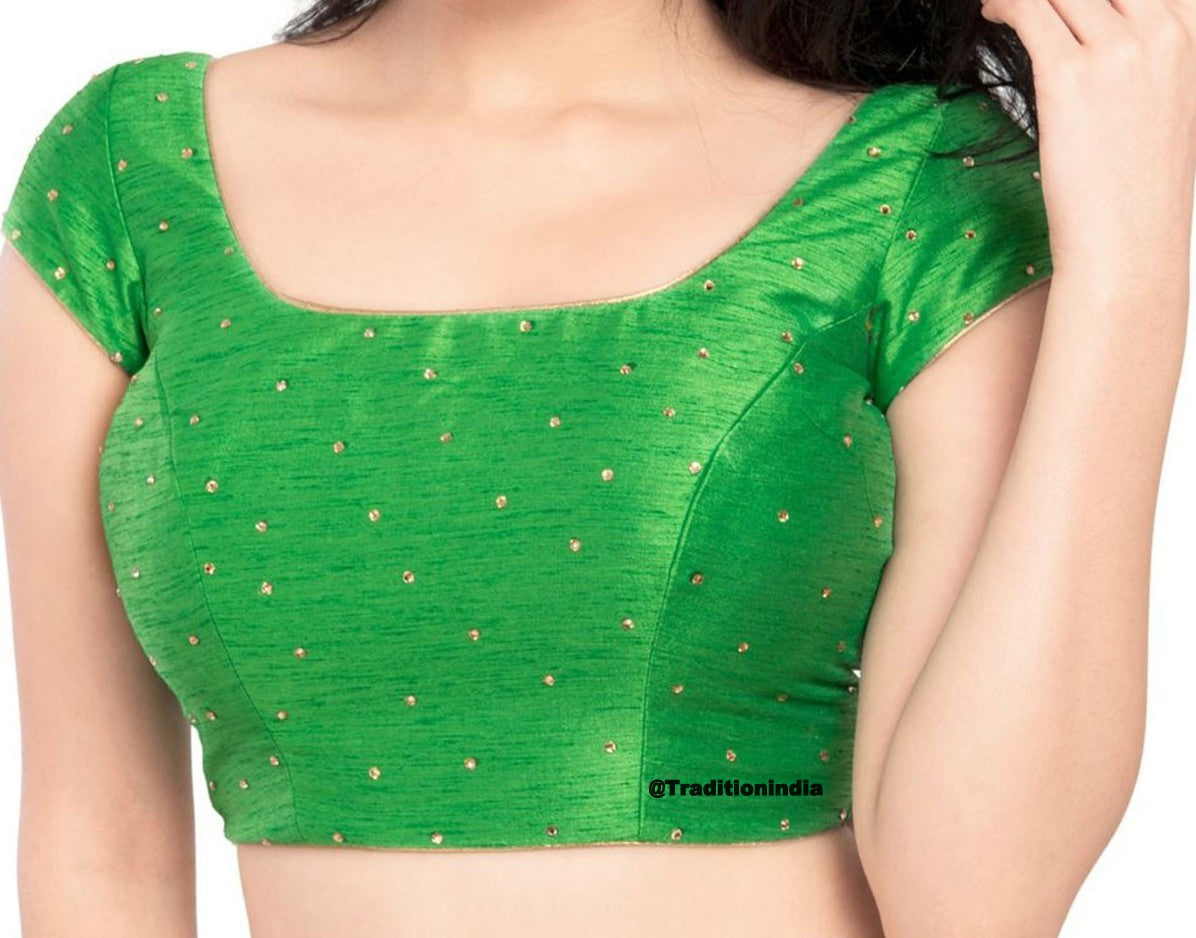 Readymade Saree Blouse, Light Green Dupion Silk CZ Stone Work Short Sleeve ,Ready To Wear Blouse, Indian Saree Blouse, Sari Blouse, Padded Saree Blouse