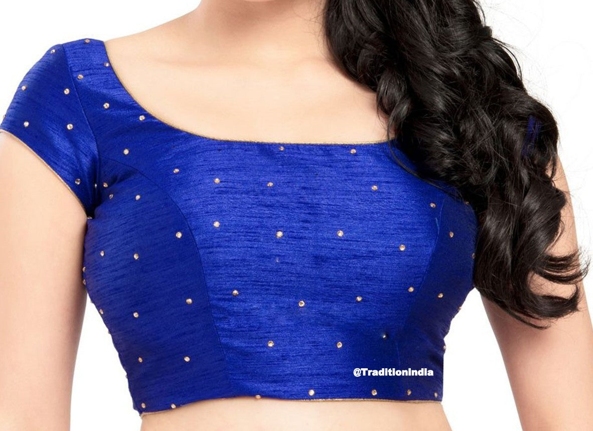 Ready To Wear Royal Blue Dupion Silk CZ Stone Work Short Sleeve ,Ready To Wear Blouse, Indian Saree Blouse, Sari Blouse, Padded Saree Blouse