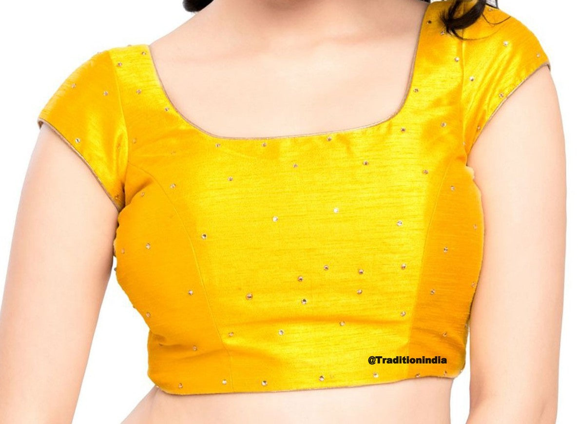 Readymade Saree Blouse, Yellow Dupion Silk CZ Stone Work Short Sleeve Blouse ,Ready To Wear Blouse, Indian Saree Blouse, Sari Blouse, Padded Saree Blouse