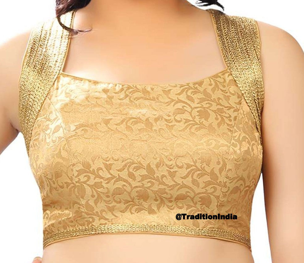 Readymade Golden Sleeveless Saree Blouse, Ready To Wear Blouse, Halter Design Padded Saree Blouse, Saree Blouse