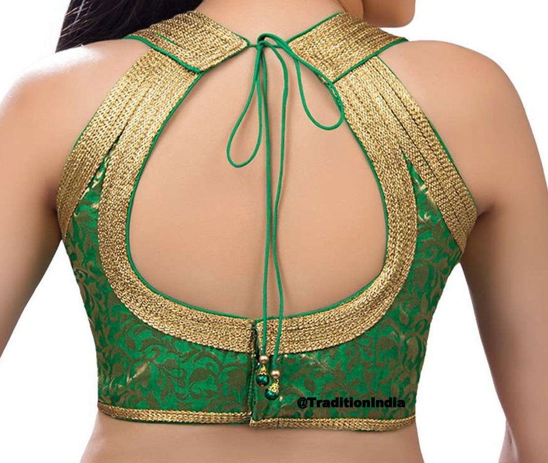 Green Brocade Silk Sleeveless Saree Blouse, Ready To Wear Blouse, Halter Design Padded Saree Blouse, Saree Blouse
