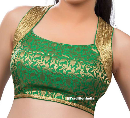 Green Brocade Silk Sleeveless Saree Blouse, Ready To Wear Blouse, Halter Design Padded Saree Blouse, Saree Blouse