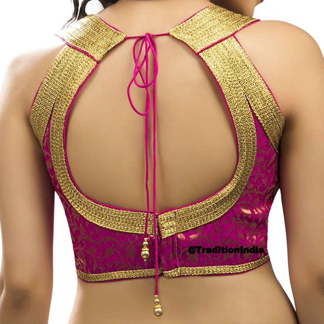 Ready To Wear Blouse, Hot Pink Brocade Silk Sleeveless Saree Blouse, Halter Design Padded Saree Blouse, Saree Blouse