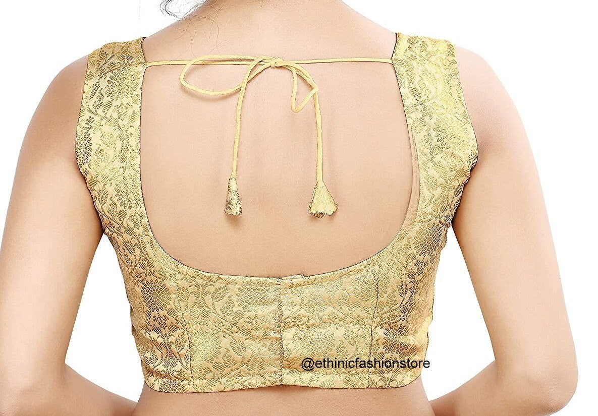 Golden Sleeveless Saree Blouse Readymade Saree Blouse, Indian Saree Blouse, Readymade Sari Blouse, Saree Blouse Traditional Indian Saree Blouse, Ready To Wear Blouse, Indian Blouse