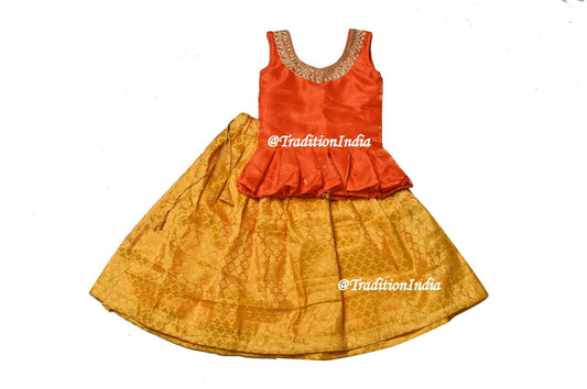 Designer Lehenga Choli, Orange & Yellow Girls Lehenga Choli, Kids Lehenga Blouse, Indian Kids Dresses, Kids Outfits, Baby Girls Lehenga