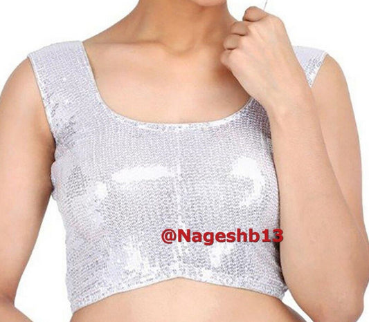 Silver Sequin Sleeveless Saree Blouse, Sequin Saree Blouse, Readymade Saree Blouse, Designer Sari Blouse, Saree Blouse Traditional Indian Saree Blouse, Indian Blouse