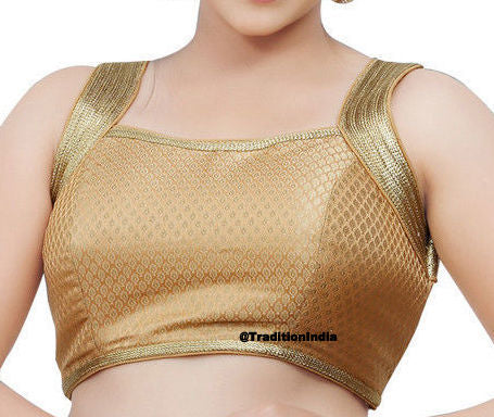 Ready To Wear Golden Brocade Silk Blouse, Sleeveless Saree Blouse, Halter Design Padded Saree Blouse, Saree Blouse