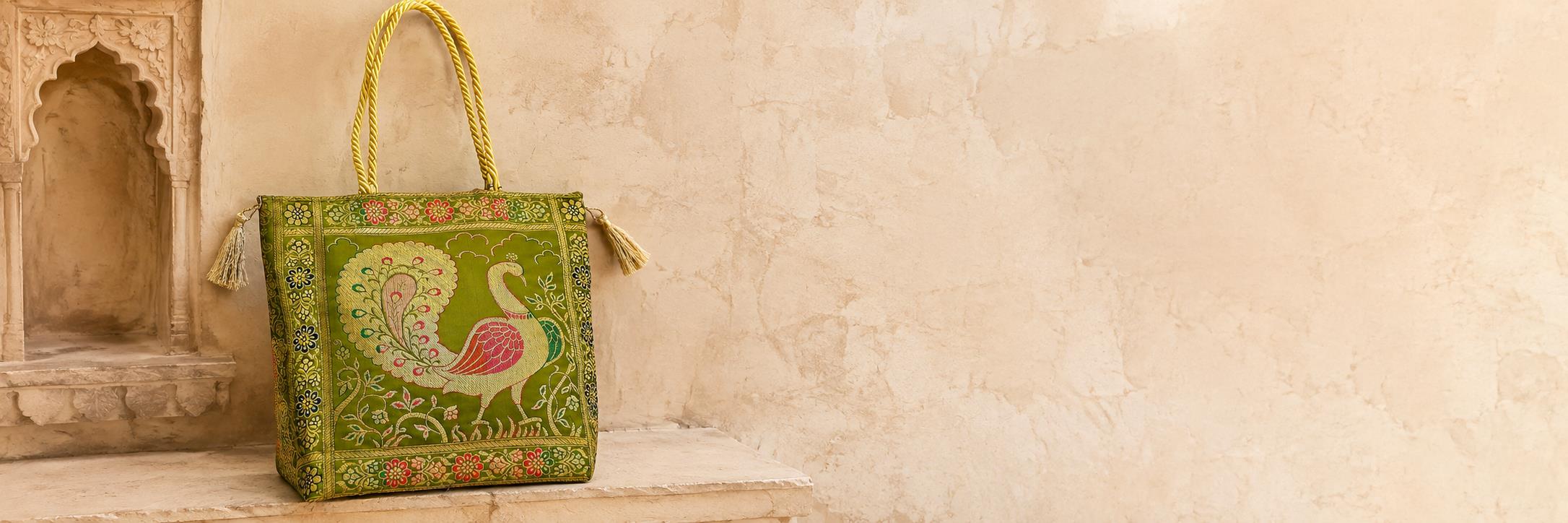 Green Banarasi brocade handmade peacock bag from Priyankas Boutique