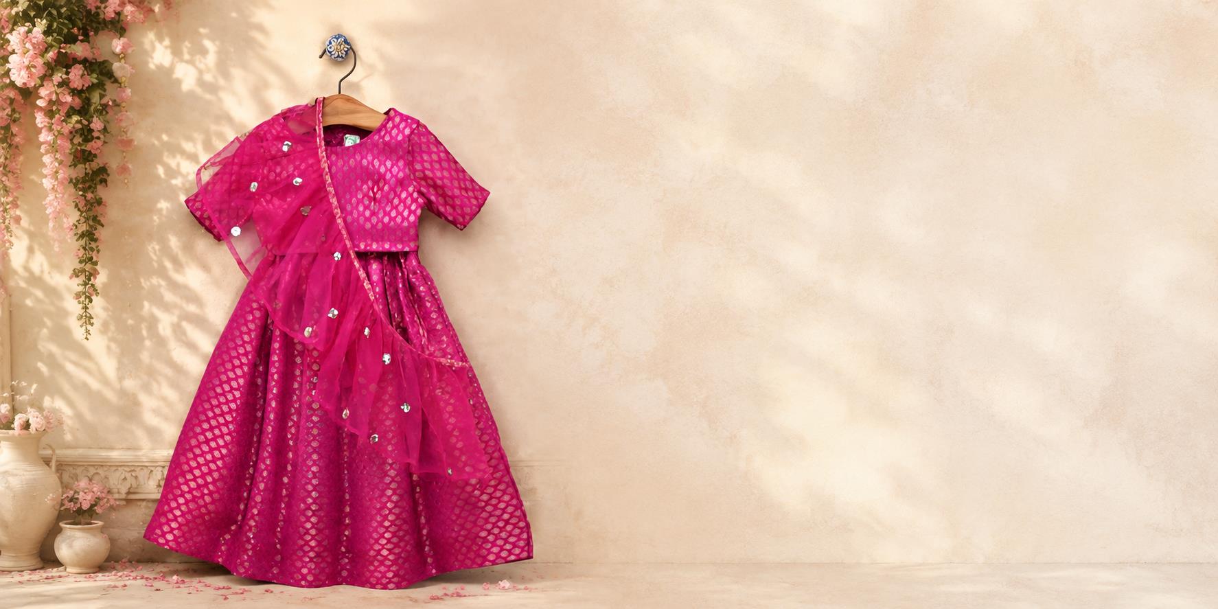 Hot pink Chanderi silk kids lehenga choli from Priyankas Boutique