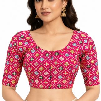 Pink Rajasthani work embroidered cotton saree blouse front view