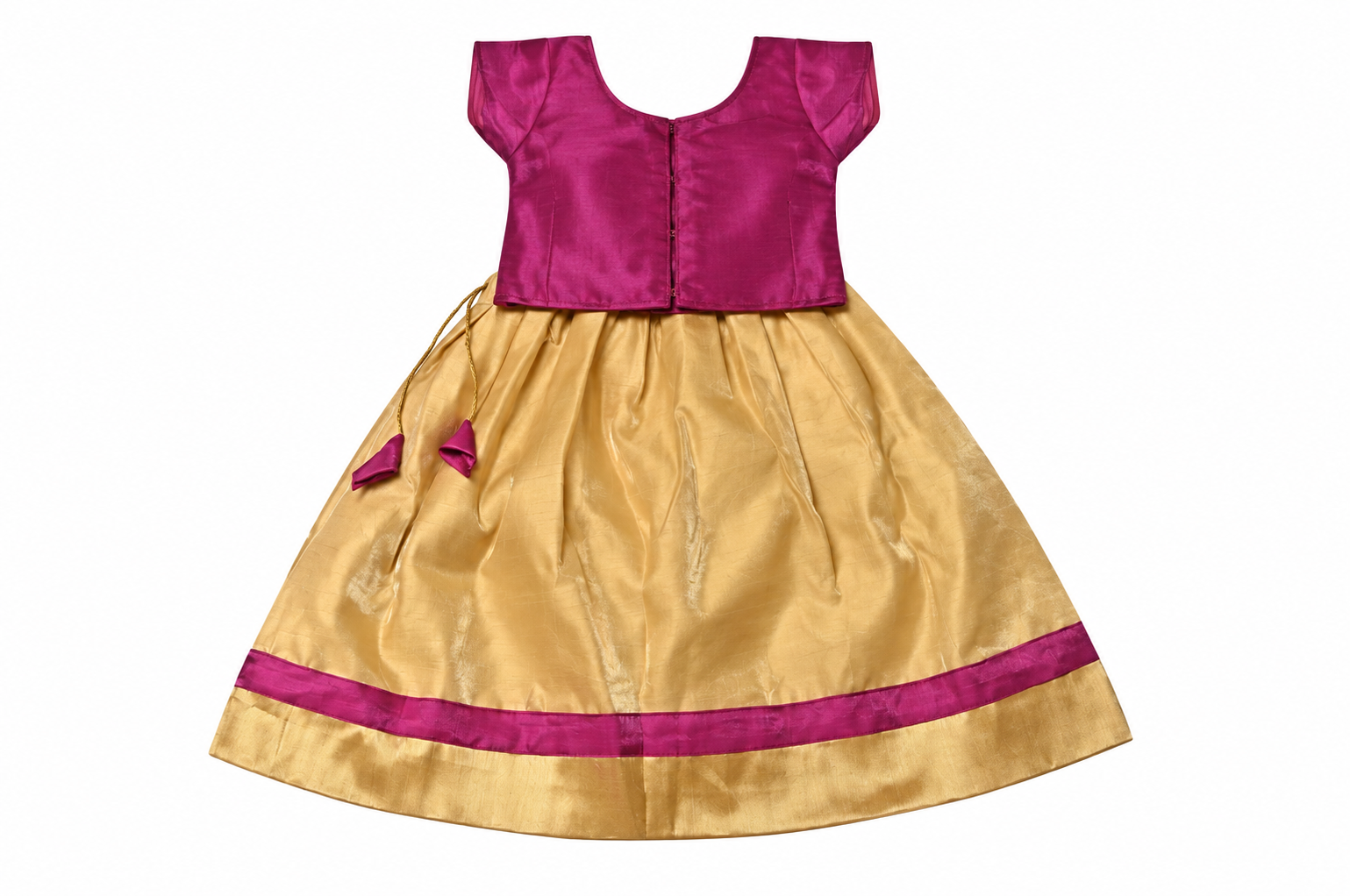Girls Magenta Floral Choli with Pale Gold Lehenga - set back view