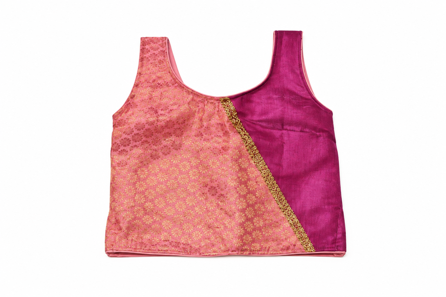 Girls Purple and Peach Asymmetric Choli with Plum Lehenga - top view