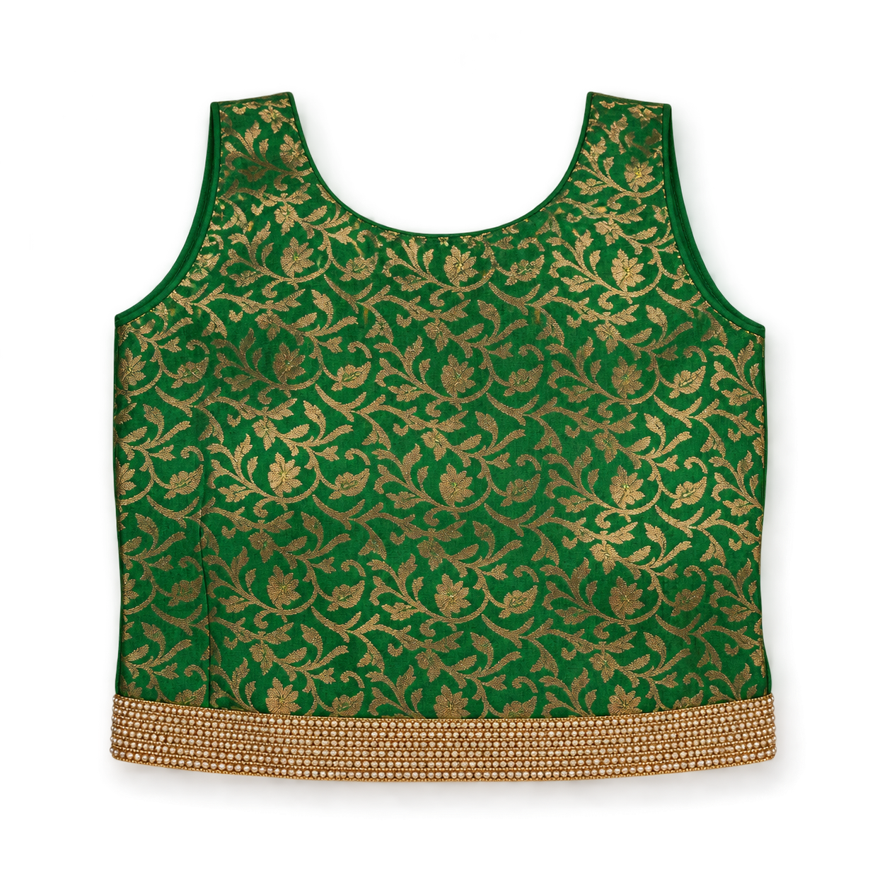Girls Emerald Gold Vine Choli with Green Tiered Net Lehenga and Dupatta - top view